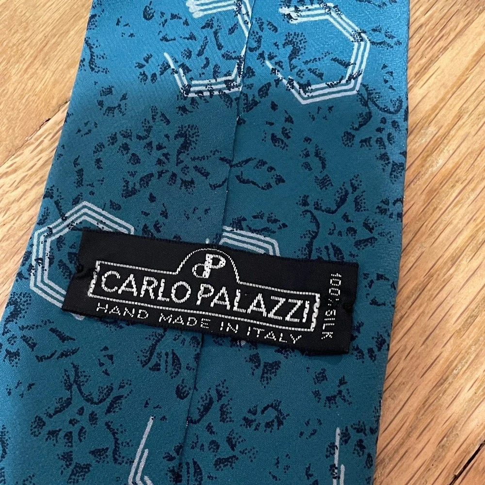 VTG Carlo Palazzi Teal Geometric Hexagon‎ Pattern Silk Necktie Hand Made Italy